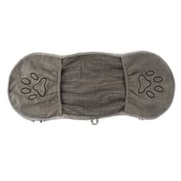 A grey pet towel featuring paw print designs and hand pockets on either side for easy handling.