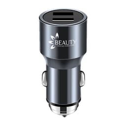 A dual port USB car charger in a sleek black design with a logo on the side.
