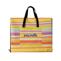 A colourful picnic blanket tote featuring stripes in yellow, pink, blue, and orange, with a black handle and branding.