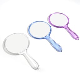 Three handheld mirrors in clear, blue, and purple colours, featuring a smooth handle and a reflective surface.