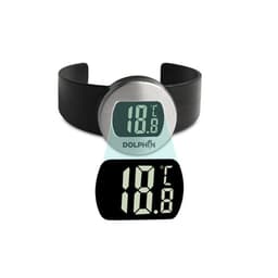 A digital wine thermometer featuring a black strap and a stainless steel face displaying temperature readings.