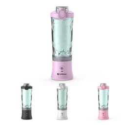 A drink bottle in pink, black, and white, featuring a transparent body and a power button, with a logo on the base.