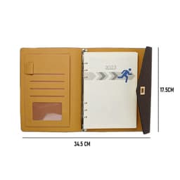 A PU leather trifold envelope padfolio in brown and tan, featuring a ring binder and various pockets for organisation.