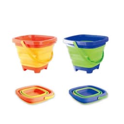 Four foldable portable buckets in vibrant colours: red, yellow, blue, and green, with a simple logo on some.