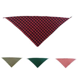 A triangular pet saliva towel in red and black check pattern, with additional options in green, yellow, and black check.