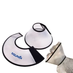 A large, transparent pet recovery cone collar with a black and white trim, featuring a logo.