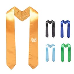 A custom satin stole in orange, with variations in black, blue, light blue, and green. Includes a logo on the orange stole.