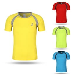A collection of men's sport quick dry T-shirts in yellow, red, lime green, and blue, featuring contrasting shoulder details and a logo.