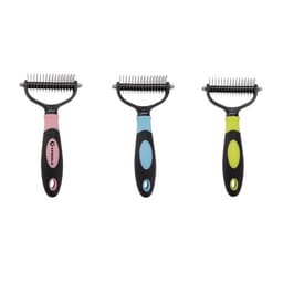 Three pet grooming tools for tangles removal, featuring black handles with pink, blue, and green accents.