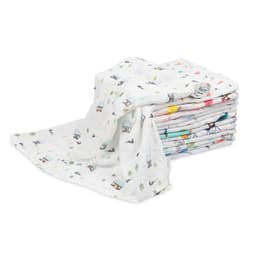 A stack of cotton muslin baby swaddle blankets featuring colourful patterns on a white background.