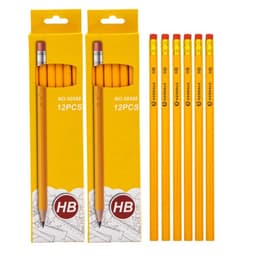 Twelve personalised HB pencils in yellow packaging with an eraser on top, featuring a logo.