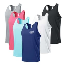 A selection of men's sleeveless breathable vests in grey, pink, light blue, white, and navy blue, featuring a logo.