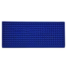 A blue PVC rubber bar mat featuring a textured surface and a logo. Ideal for home and living spaces.