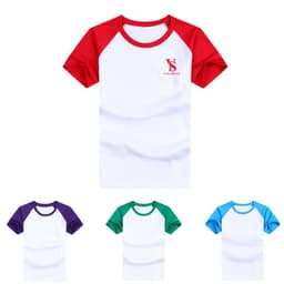 A kid's round neck T-shirt featuring a white body with red, purple, green, and blue colour block sleeves. It has a logo.