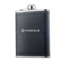 A stainless steel flask with a black leather cover and a silver cap, featuring a logo.