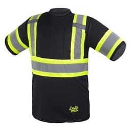 A reflective safety short sleeve t-shirt in black, featuring yellow reflective stripes and a pocket. It has a logo on the back.