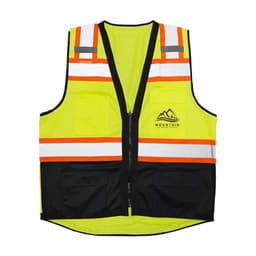 A safety reflective vest in bright yellow with orange and silver reflective strips, featuring pockets and a logo.
