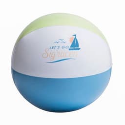 A 20" inflatable PVC beach ball featuring pastel green, white, and blue sections, with a logo on the surface.
