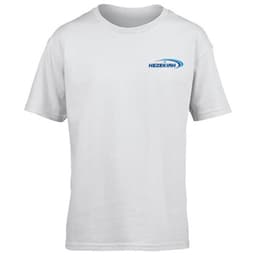 A white short-sleeved youth T-shirt featuring a logo on the front.