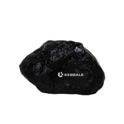 A black PU foam stress ball shaped like a stone, featuring a logo on one side.