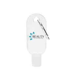 A clear 1 oz. hand sanitiser bottle with a carabiner, featuring a logo on the front.