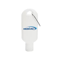 A white gel bottle with a carabiner, featuring a logo, designed for hand sanitiser.