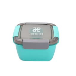 A turquoise plastic lunch container with a grey lid and a logo on top. Features secure clips on the sides.