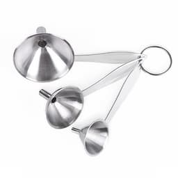 A stainless steel funnel set featuring three funnels of varying sizes, connected by a metal ring.