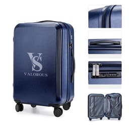 A 28-inch blue wheeled suitcase featuring a textured surface, logo, and multiple compartments with a zip closure.