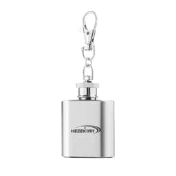 A stainless steel flask keychain with a silver finish and a clip. It features a logo on the front.