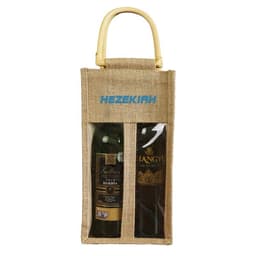 A jute wine bag in natural colour with a clear window, designed to hold two bottles, featuring a handle and a logo.