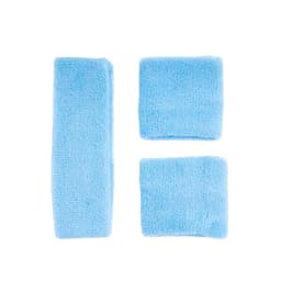 A blue three-piece sport sweatband set, including one headband and two wristbands, with a fuzzy texture.