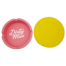 A round ashtray in pink and yellow silicone, featuring a logo on the pink side.
