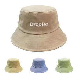 A unisex lightweight bucket hat in beige, featuring a logo and accompanied by green, yellow, and blue variations.