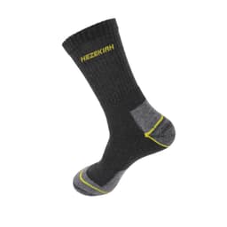 A pair of black recycled cotton socks with grey accents and a logo. Features a ribbed cuff and terry sole.