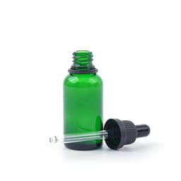 A green glass dropper bottle with a black droplet attachment beside it. The bottle has a simple design and includes a logo.