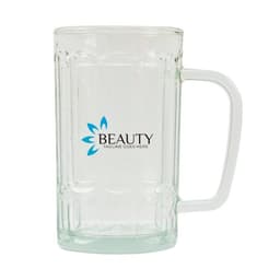 A glass beer mug with a clear finish, featuring a logo on one side and a sturdy handle.