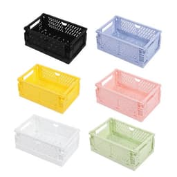 A collection of six medium folding plastic storage baskets in black, light blue, pink, yellow, white, and light green.