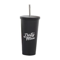 A drink bottle featuring a matte black stainless steel tumbler with a straw and a logo.