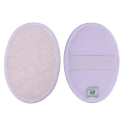 An oval exfoliating loofah sponge pad in white with a textured surface and a loop for grip.