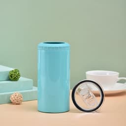 A drink bottle in a vibrant turquoise colour with a clear lid, featuring a logo and a sleek design.