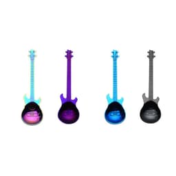 A set of four stainless steel spoons shaped like guitars, featuring vibrant colours including purple, blue, and black.