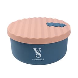 A round silicone lunch box in navy blue with a pink rippled lid and a logo.