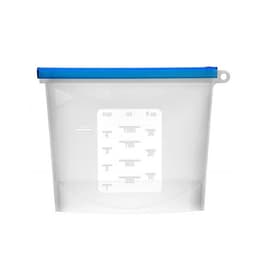 A clear silicone storage bag with a blue zip seal, featuring measurement markings in cups and millilitres.