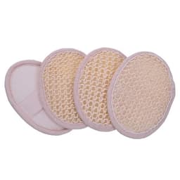 A set of four sisal exfoliating bath sponge pads in beige and light pink, featuring textured surfaces and soft backing.