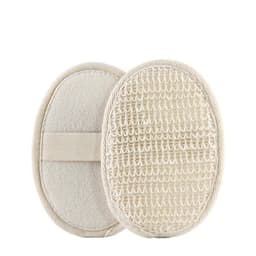 A natural cotton linen bath sponge pad in cream colour with textured surfaces and an integrated hand strap.