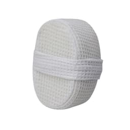 A white, textured loofah sponge pad with a soft elastic band for grip, designed for personal care use.