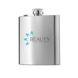 A stainless steel hip flask with a shiny finish and a logo design on the front.