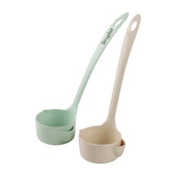 A set of two promotional wheat straw oil filter spoons in light green and beige, featuring branding on the handle.