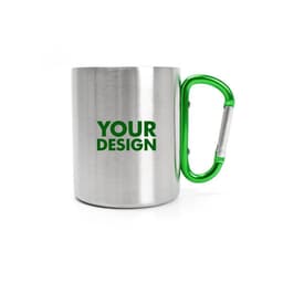 A stainless steel cup with a green carabiner hook handle, featuring a logo on the front.